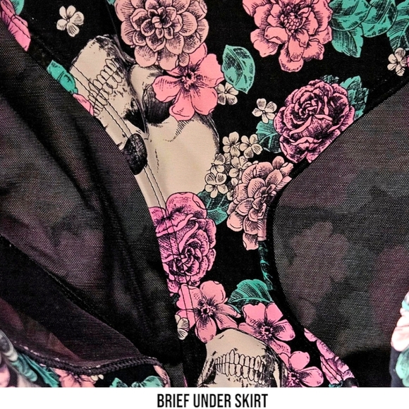 TORRID Plus Size Ruched Floral All Over Skull Rose Design Swim Skirt With Breif - Picture 5 of 13